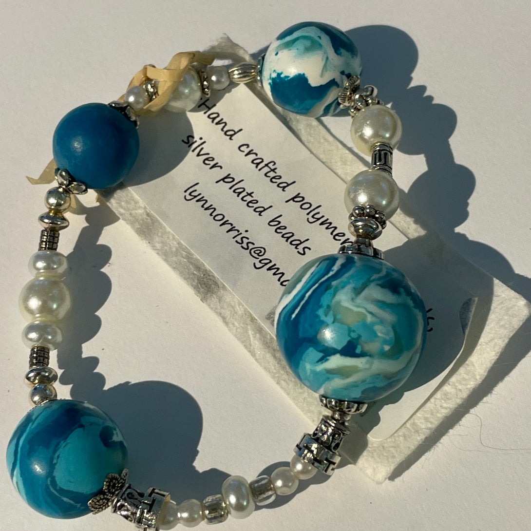 Lynn Orriss - Bracelet - Turquoise polymer beads & pearls - stretchy - Lynn Orriss - McMillan Arts Centre Gallery, Gift Shop and Box Office - Vancouver Island Art Gallery