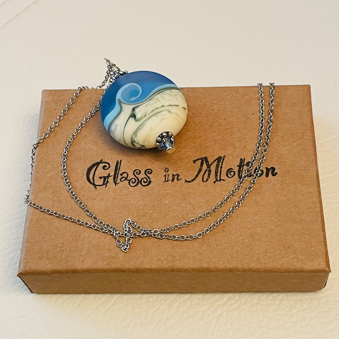 Garry White (Glass in Motion) - Necklace -  Lampwork pendant - Round - blue & cream matte - Garry White - Glass in Motion - McMillan Arts Centre Gallery, Gift Shop and Box Office - Vancouver Island Art Gallery