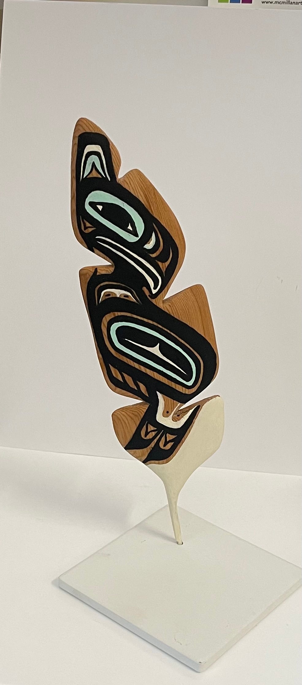 Mike Bellis - Carving - Black, White & Teal Eagle Feather with base - Mike Bellis - McMillan Arts Centre Gallery, Gift Shop and Box Office - Vancouver Island Art Gallery