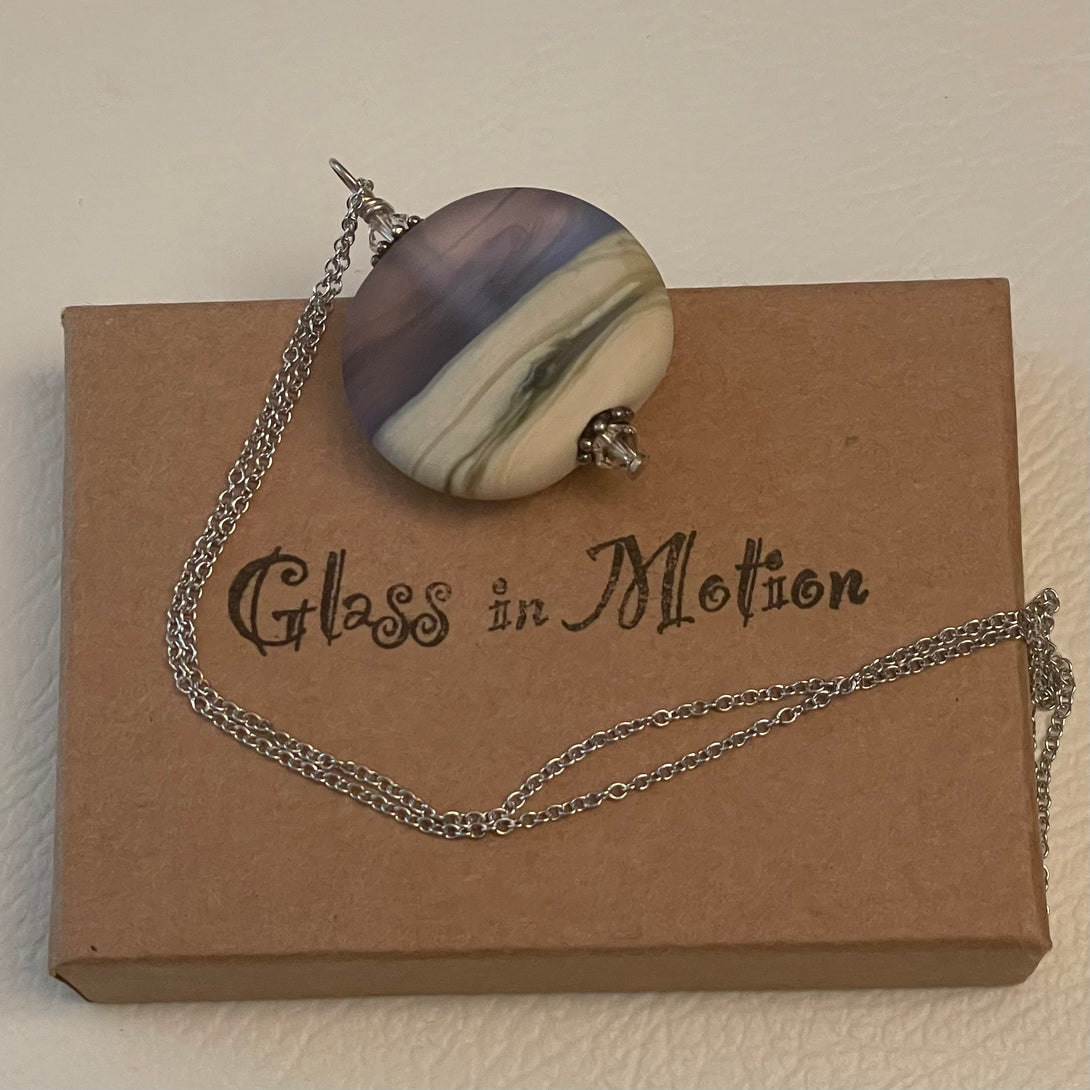 Garry White (Glass in Motion) - Necklace - Lampwork pendant - Large Circle - purple & cream matte - Garry White - Glass in Motion - McMillan Arts Centre Gallery, Gift Shop and Box Office - Vancouver Island Art Gallery