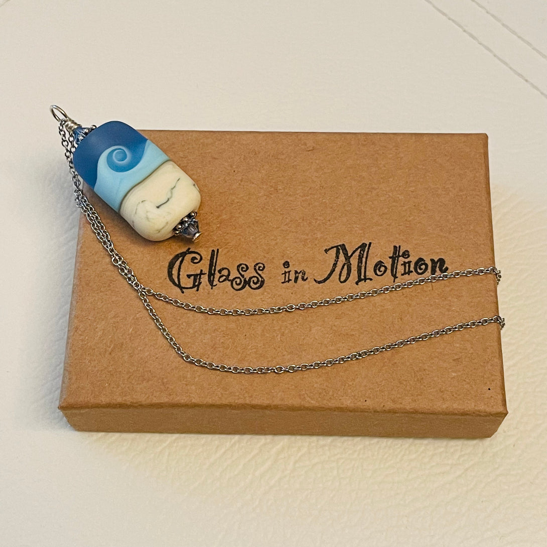 Garry White (Glass in Motion) - Necklace -  Lampwork pendant - Rectangle - blue & cream matte - Garry White - Glass in Motion - McMillan Arts Centre Gallery, Gift Shop and Box Office - Vancouver Island Art Gallery