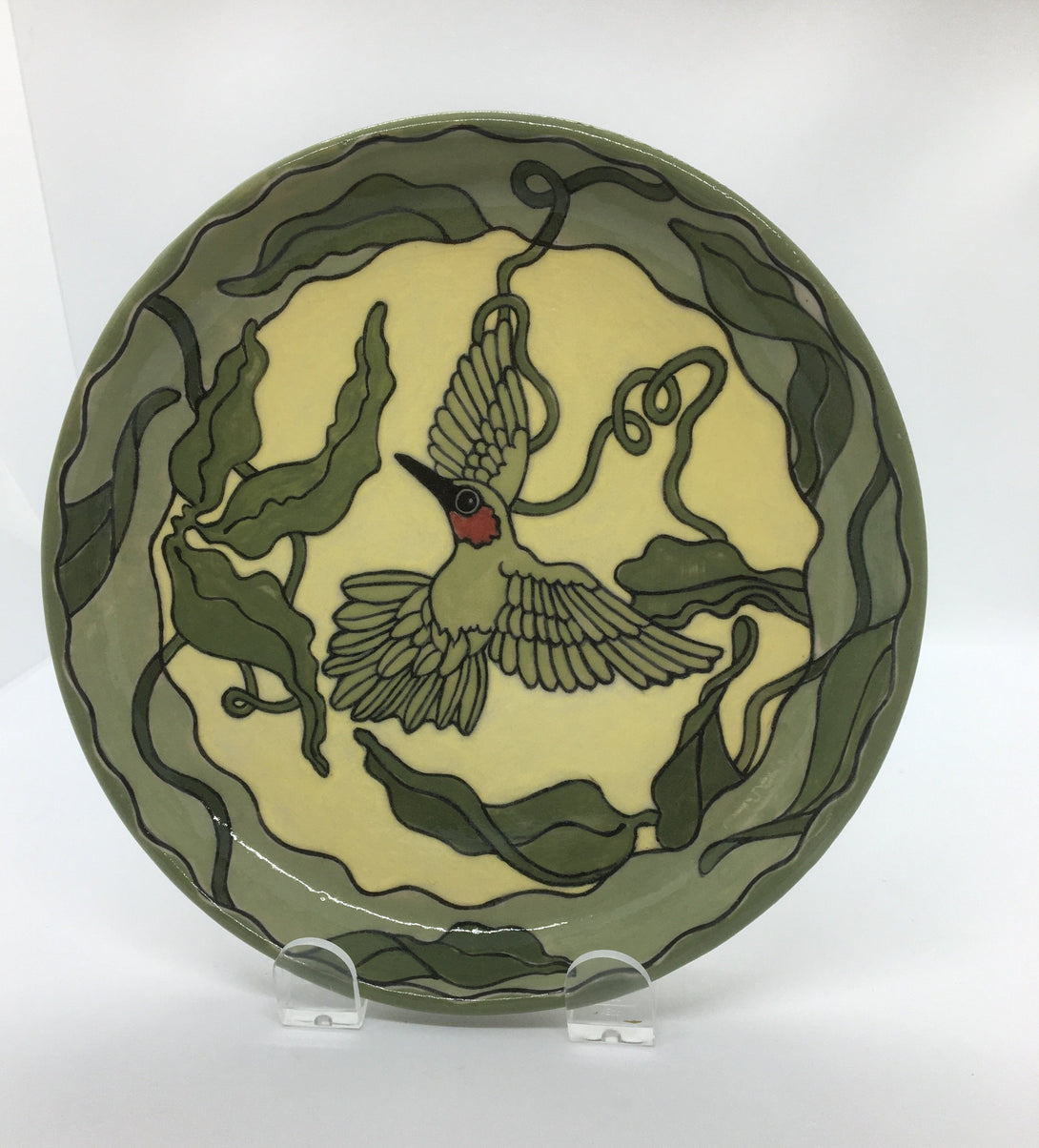 Nancy Gayou - Pottery - Green plate with hummingbird - Nancy Gayou - McMillan Arts Centre Gallery, Gift Shop and Box Office - Vancouver Island Art Gallery