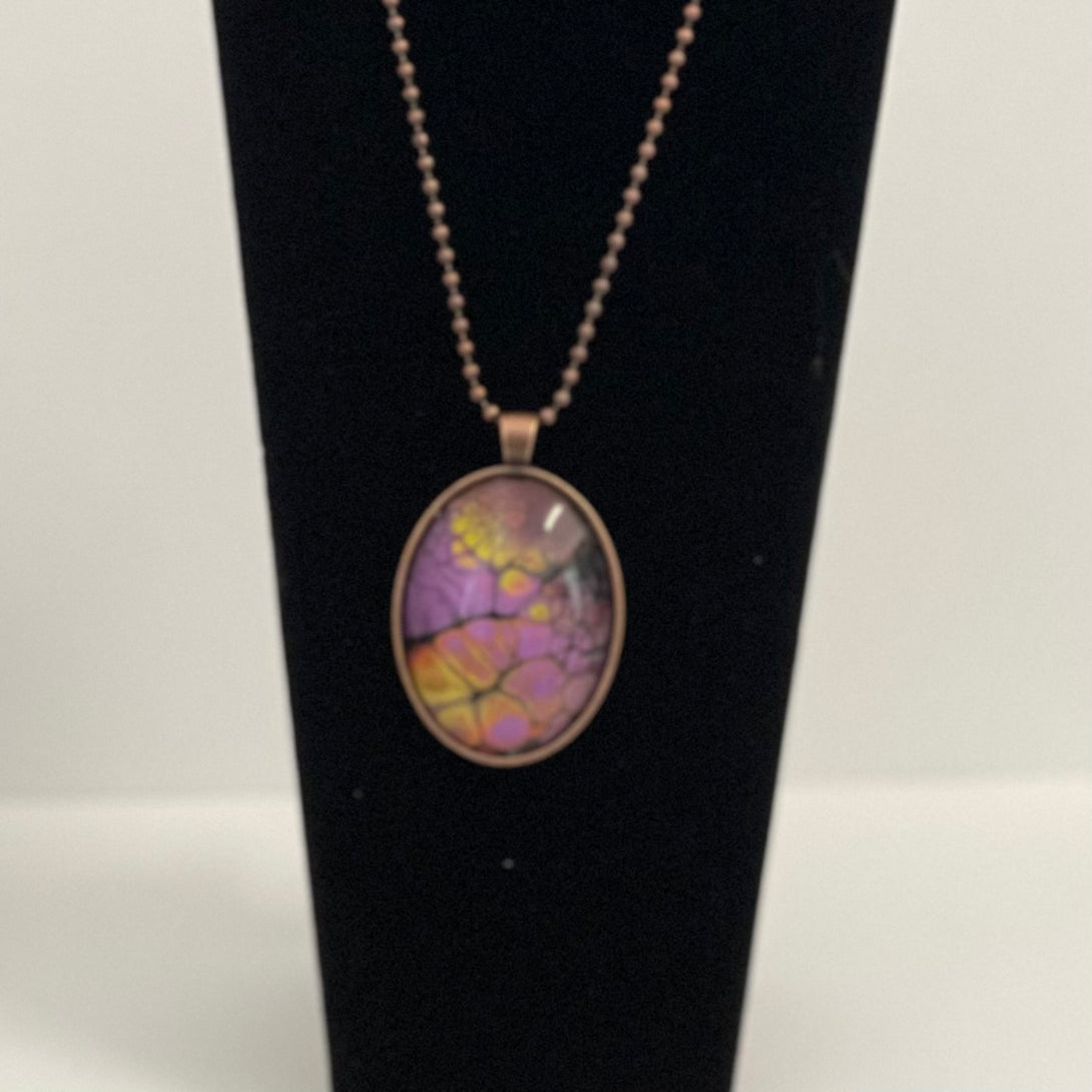 Linda Campbell - Oval pendant- purple with yellow, copper chain 22