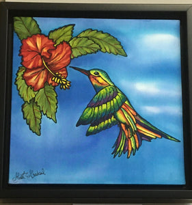 Gail Grekul - Silk Painting - Hibiscus and hummingbird - Gail Grekul - McMillan Arts Centre Gallery, Gift Shop and Box Office - Vancouver Island Art Gallery