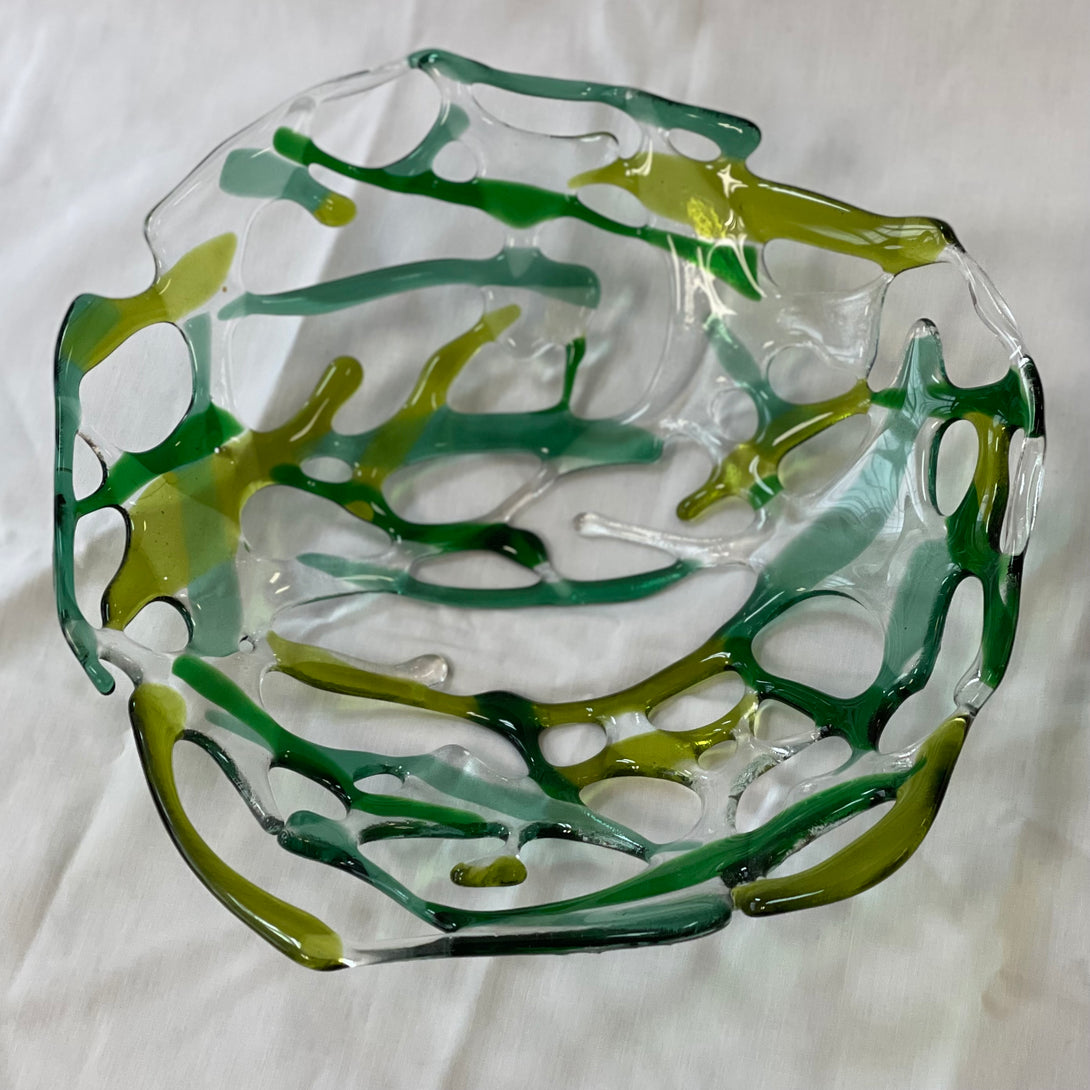 Jan Bell-Irving - Glass - Fused glass lacy bowl, shades of green - Jan Bell-Irving - McMillan Arts Centre Gallery, Gift Shop and Box Office - Vancouver Island Art Gallery