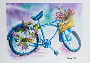Angie Bettam - Card - Blue Bicycle with Flowers - Angie Bettam - McMillan Arts Centre Gallery, Gift Shop and Box Office - Vancouver Island Art Gallery