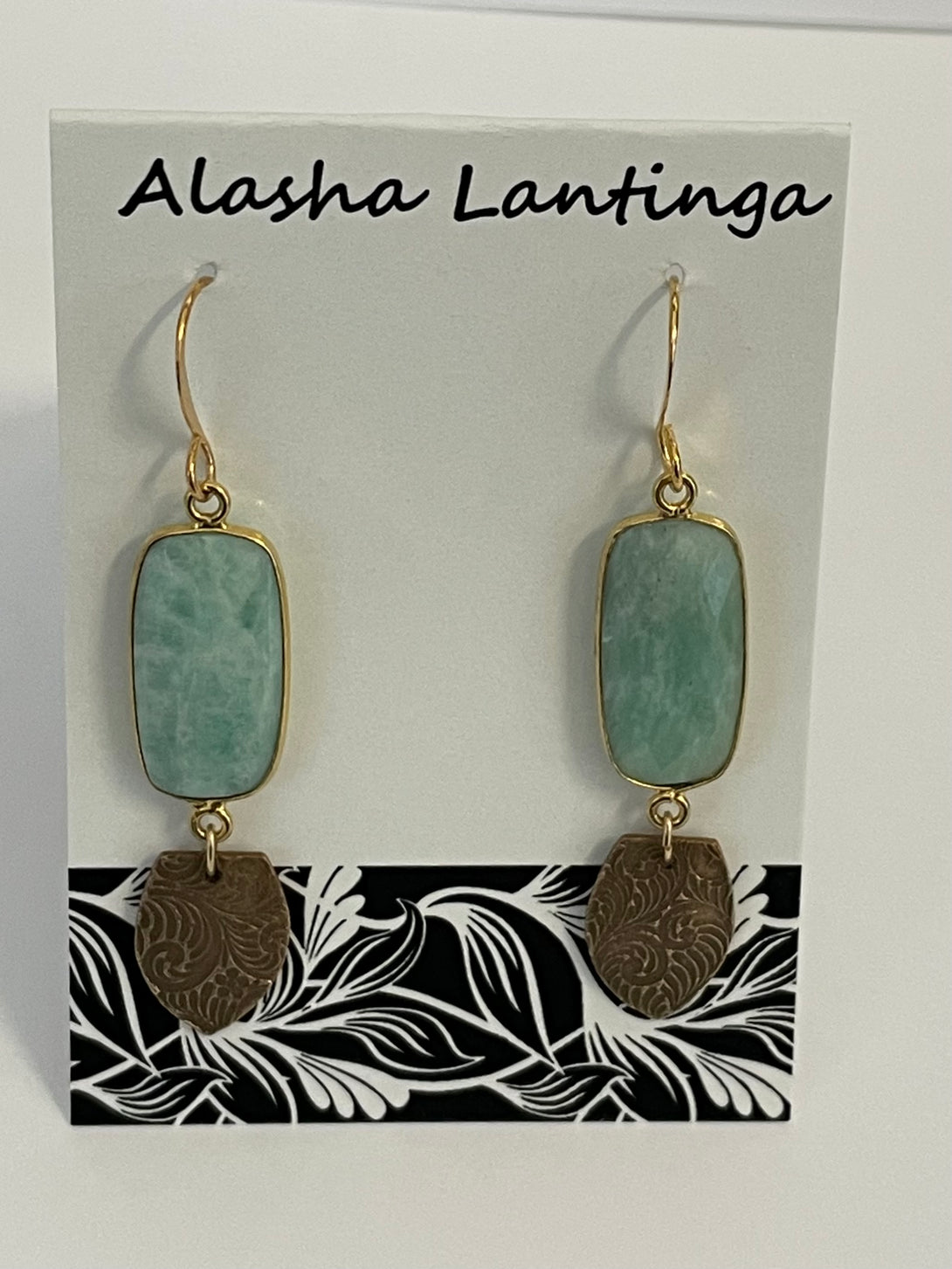 Alasha Lantinga - Earrings - Amazonite rectangle with copper shield - Alasha Lantinga - McMillan Arts Centre Gallery, Gift Shop and Box Office - Vancouver Island Art Gallery