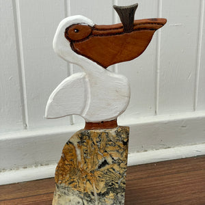 Ron Acton - Wood Art - Carving  - Pelican with fish in its mouth, mounted - Ron Acton - McMillan Arts Centre Gallery, Gift Shop and Box Office - Vancouver Island Art Gallery