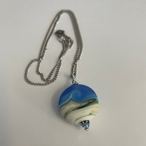 Garry White (Glass in Motion) - Necklace - Lampwork pendant - Round - matte blue and cream - Garry White - Glass in Motion - Jewellery - McMillan Arts Centre & MAC Box Office