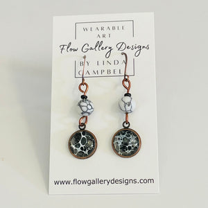 Linda Campbell - Earrings - black animal print disc with white/black bead on copper wire - Linda Campbell - Jewellery - McMillan Arts Centre & MAC Box Office