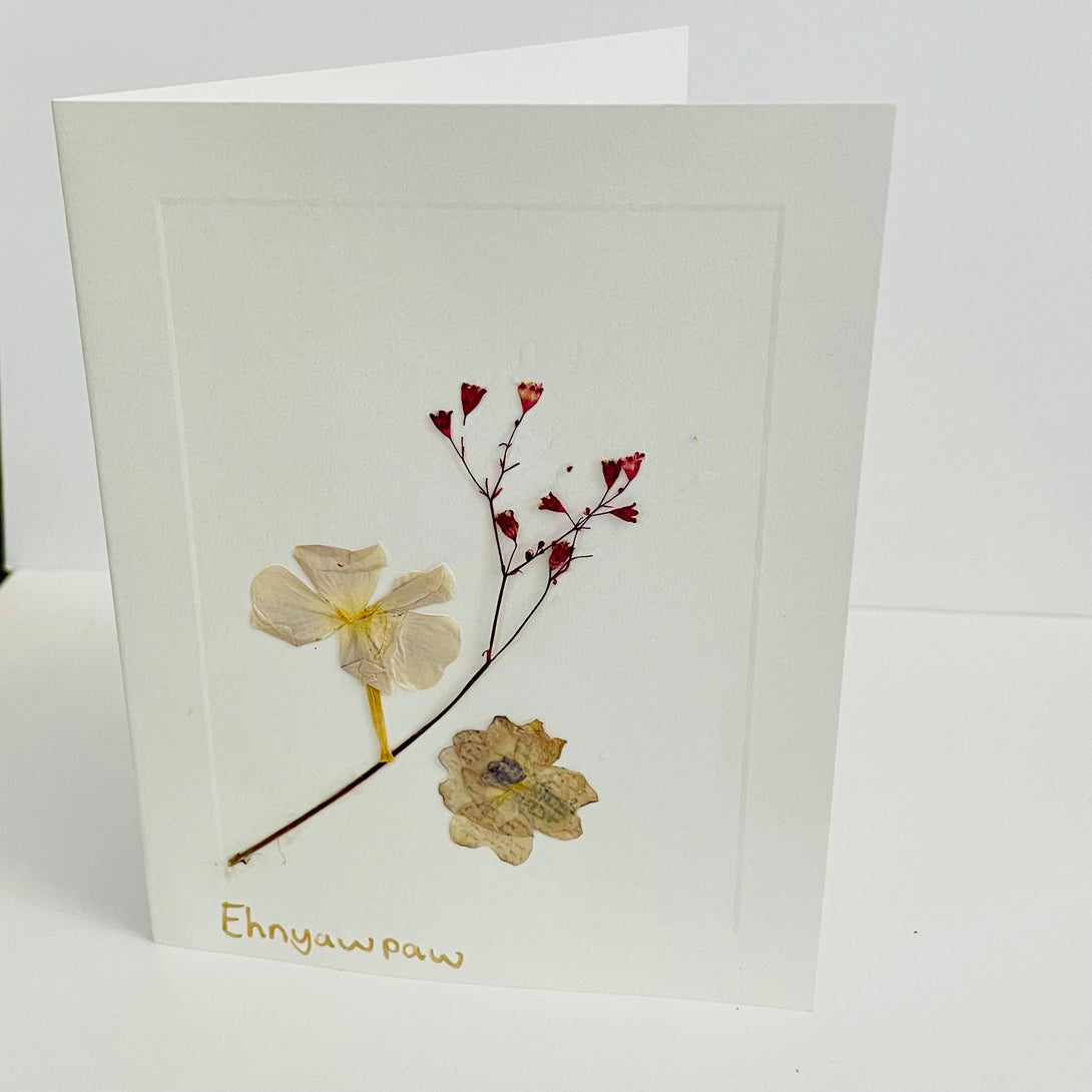 Ehnyawpaw - Card - Branch with red flowers plus two small mauve flowers - Ehnyawpaw Johdee - Card - McMillan Arts Centre & MAC Box Office