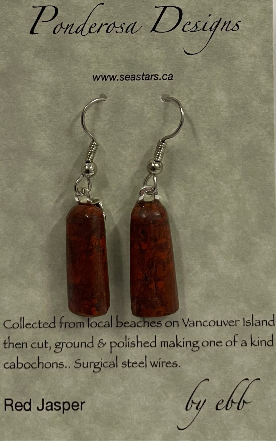 Elaine Bohm - Earrings - Red Jasper - surgical steel wires