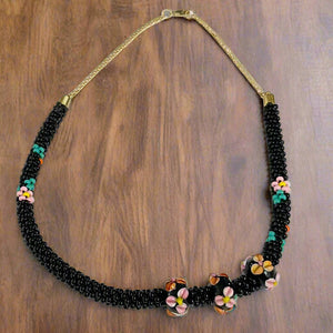 Diana Lockwood - Necklace - Kimihimo - Black with flowers - 9" long