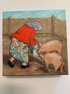 Fay St. Marie - Painting - Baba Feeding Pigs #2 - 6"x6" -acrylic & collage on canvas