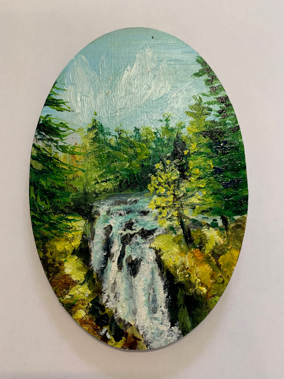 Margery Blom -Mini Oil Painting - Englishman River Falls - Oval 3.5x5.5