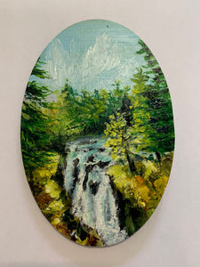 Margery Blom -Mini Oil Painting - Englishman River Falls - Oval 3.5x5.5"
