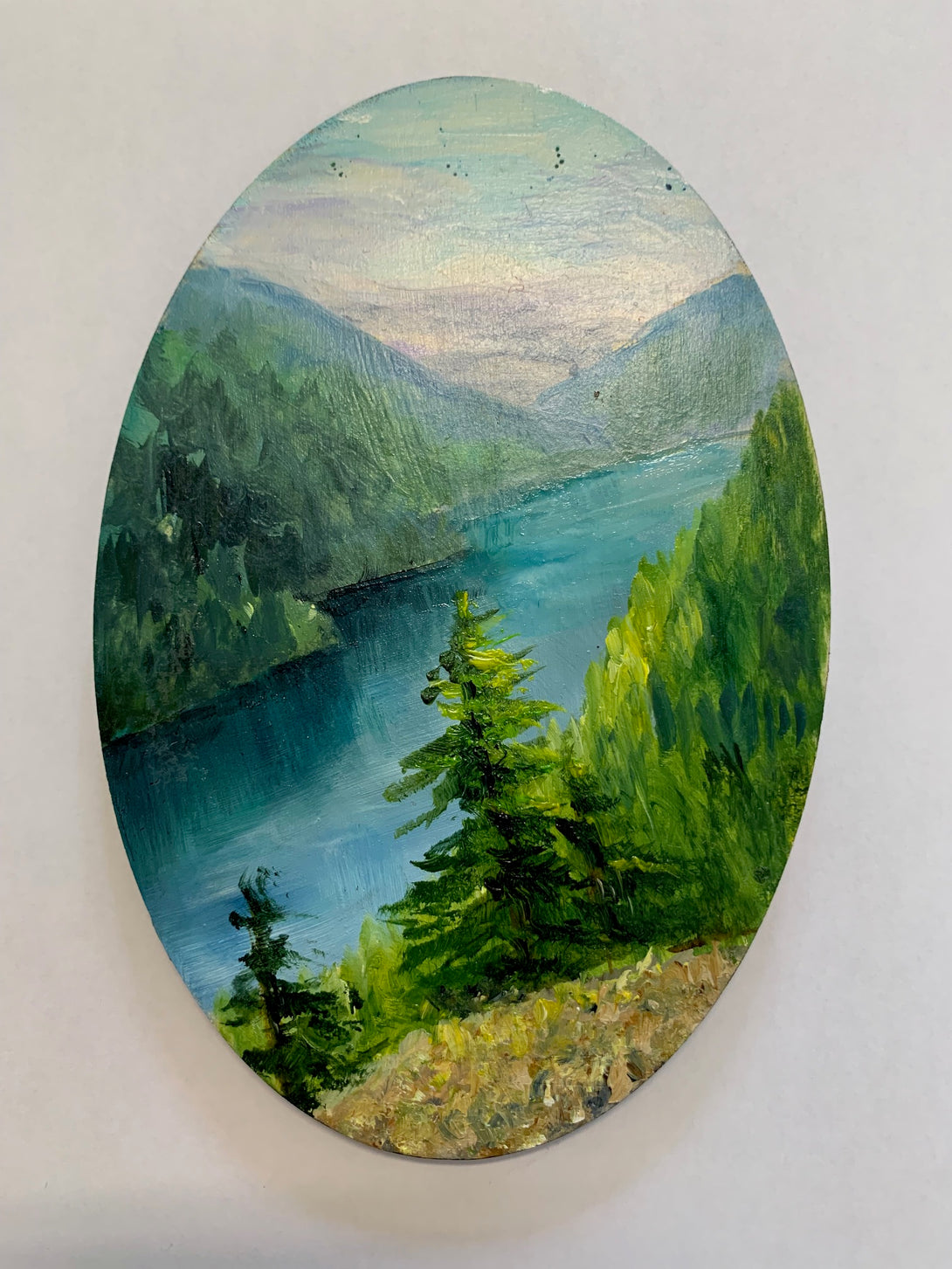 Margery Blom -Mini Oil Painting - Cameron Lake - Oval 3.5x5.5