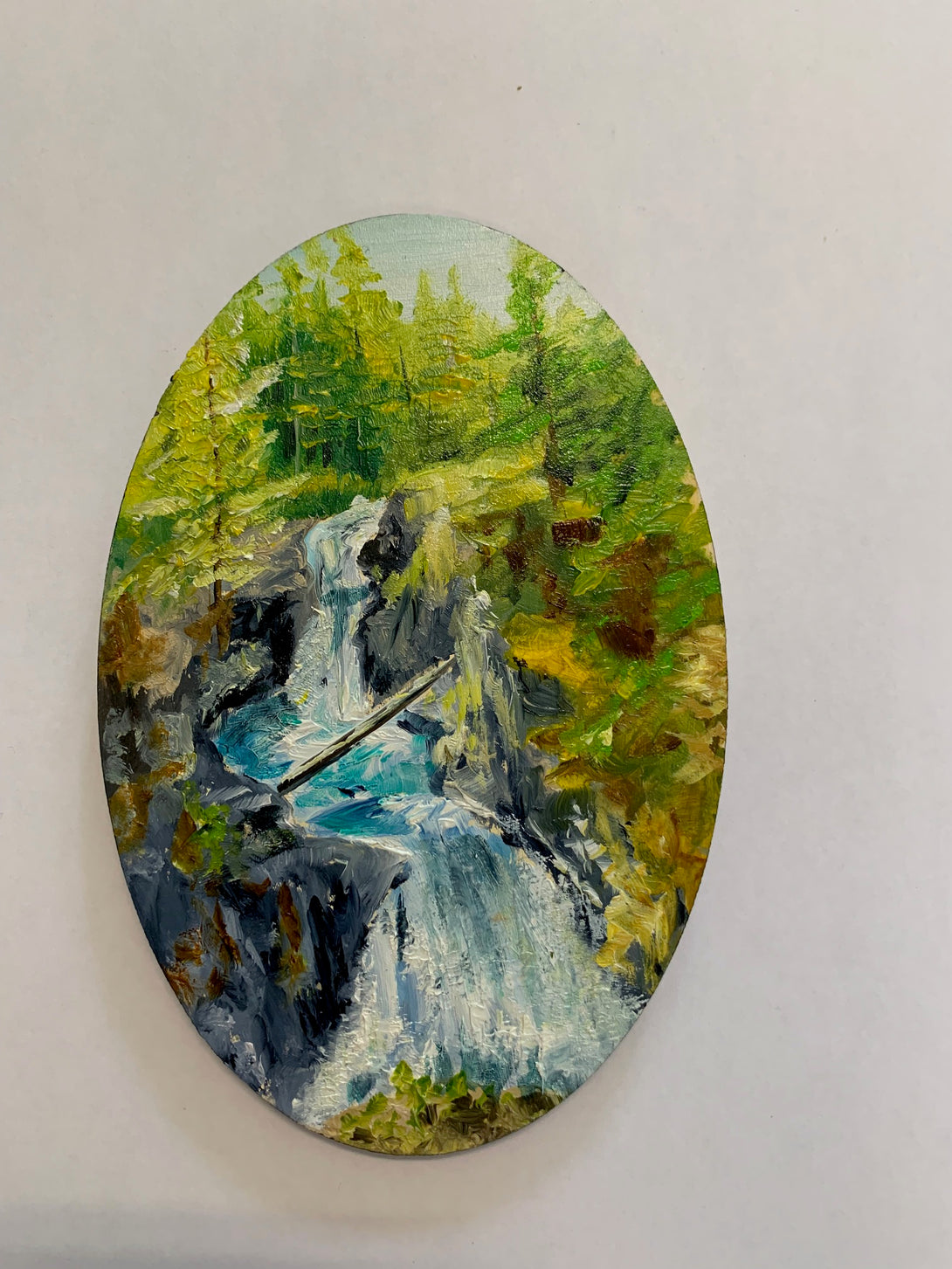 Margery Blom -Mini Oil Painting - Little Qualicum Falls - Oval 3.5x5.5
