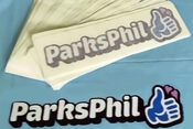 Flying Phil  - Sticker - "ParksPhil" - image created by Randy Marshall - Flying Phil Fundraiser - Sticker - McMillan Arts Centre & MAC Box Office