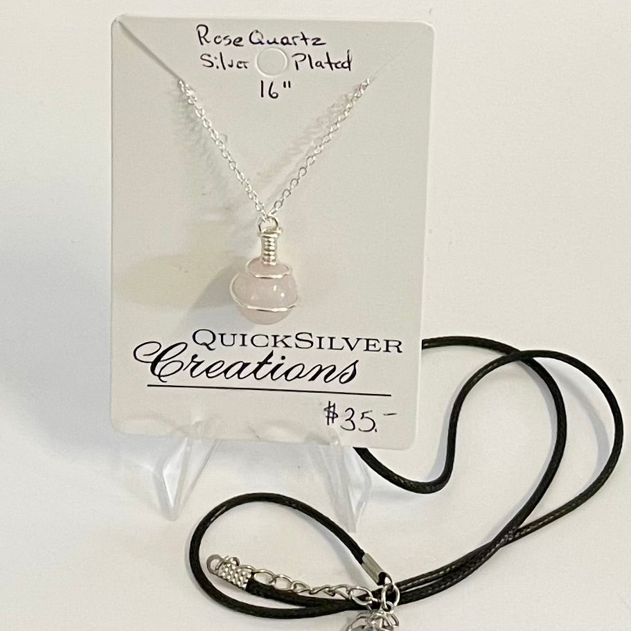 Quicksilver Creations - Pendant - Rose Quartz, silver plated wrap with 16