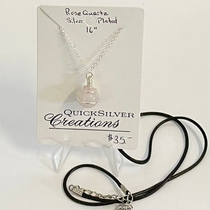Quicksilver Creations - Pendant - Rose Quartz, silver plated wrap with 16" chain  & 18" black cord
