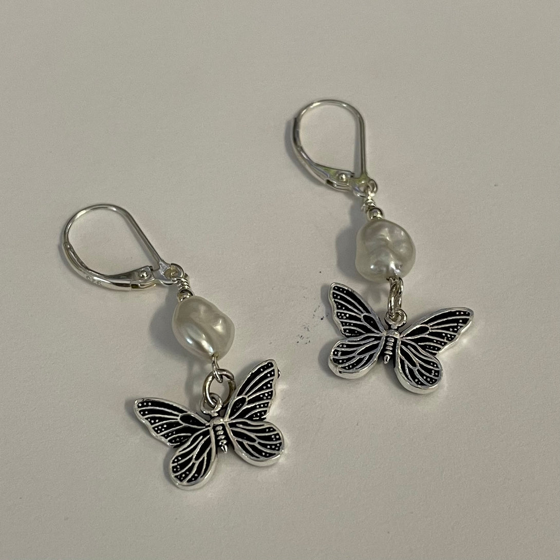 Julie Hawes - Earrings - Sterling silver butterfly and freshwater pearl - Julie Hawes - McMillan Arts Centre Gallery, Gift Shop and Box Office - Vancouver Island Art Gallery