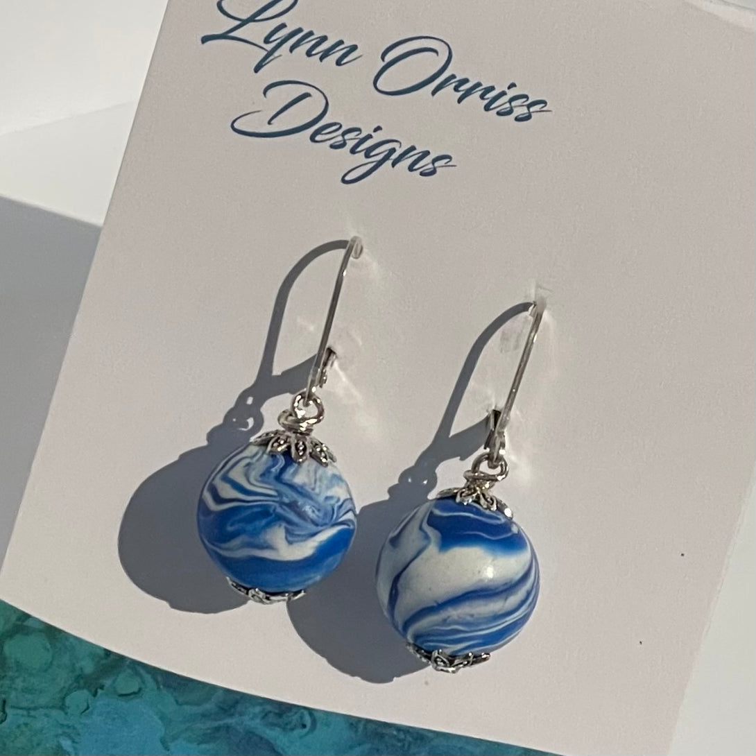 Lynn Orriss - Earrings - Blue & White - medium ball - Lynn Orriss - McMillan Arts Centre Gallery, Gift Shop and Box Office - Vancouver Island Art Gallery