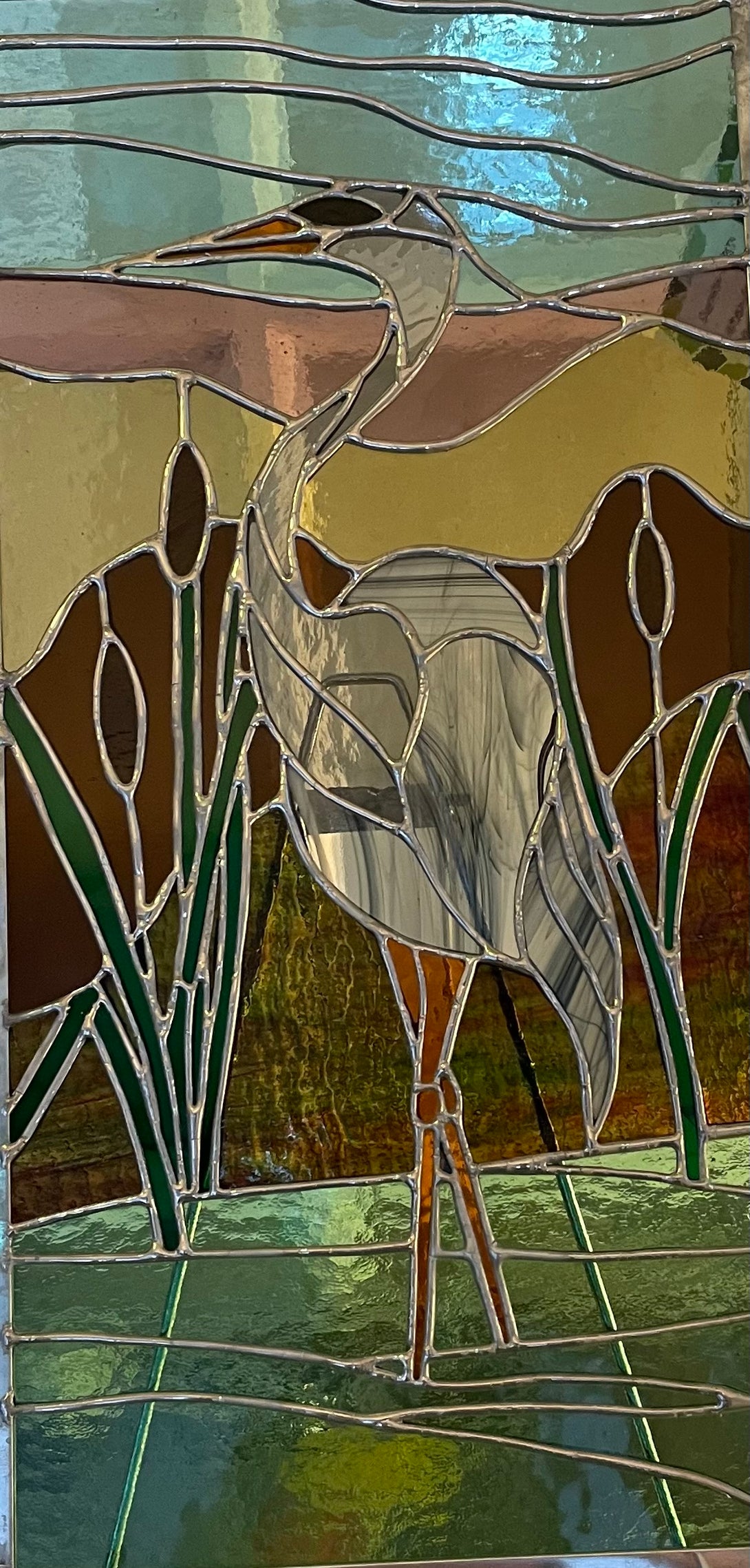 Marlene Allard - Stained Glass - Heron in the Marsh - Marlene Allard - Beaufort Stained Glass - McMillan Arts Centre Gallery, Gift Shop and Box Office - Vancouver Island Art Gallery