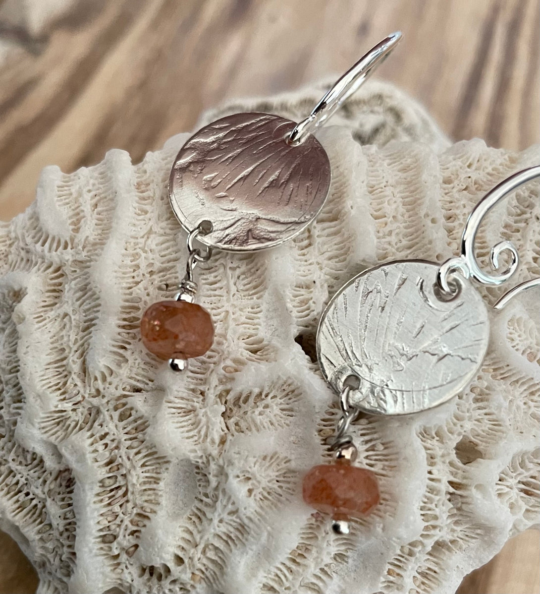 Laurie A. McDonald - Earrings - Sterling Silver Ginko disc with Sunstone - Laurie McDonald - McMillan Arts Centre Gallery, Gift Shop and Box Office - Vancouver Island Art Gallery