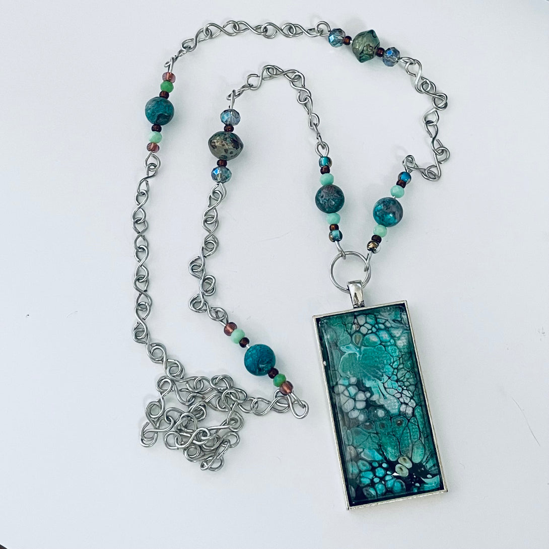 Linda Campbell -Pendant - Large Rectangle - Silver chain with beads - Linda Campbell - Jewellery - McMillan Arts Centre & MAC Box Office