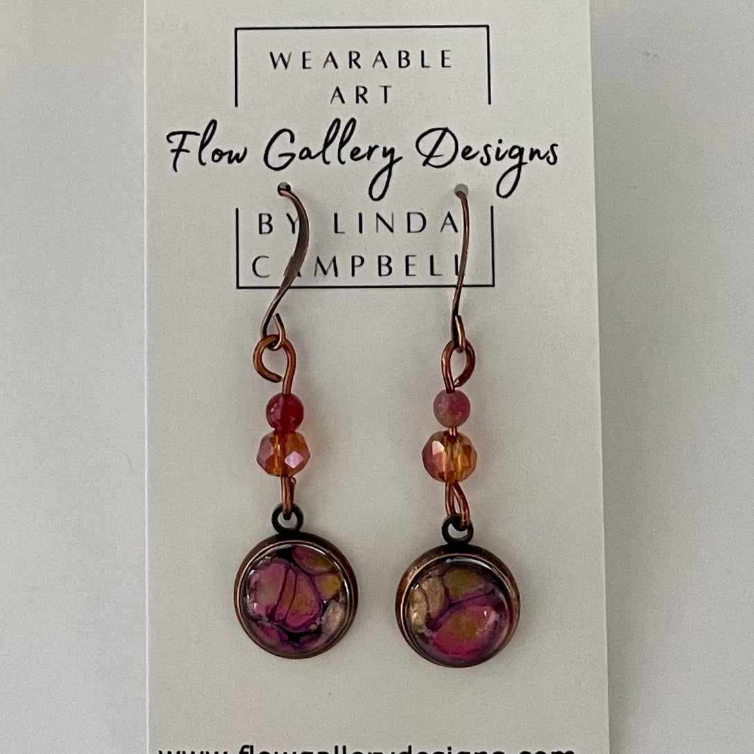 Linda Campbell - Earrings - Small disc with orange and pink beads on copper wire - Linda Campbell - Jewellery - McMillan Arts Centre & MAC Box Office