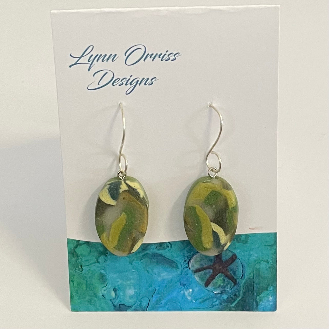 Lynn Orriss - Earrings -  Camo green - flat oval - Lynn Orriss - McMillan Arts Centre Gallery, Gift Shop and Box Office - Vancouver Island Art Gallery