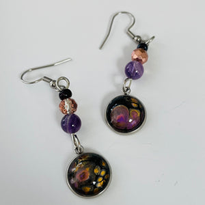 Linda Campbell - Earrings - Small disc with purple, pink & black beads on silver wire - Linda Campbell - Jewellery - McMillan Arts Centre & MAC Box Office