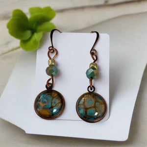 Linda Campbell - Earrings - Small disc with aqua blue and silver beads on copper wire - Linda Campbell - Jewellery - McMillan Arts Centre & MAC Box Office