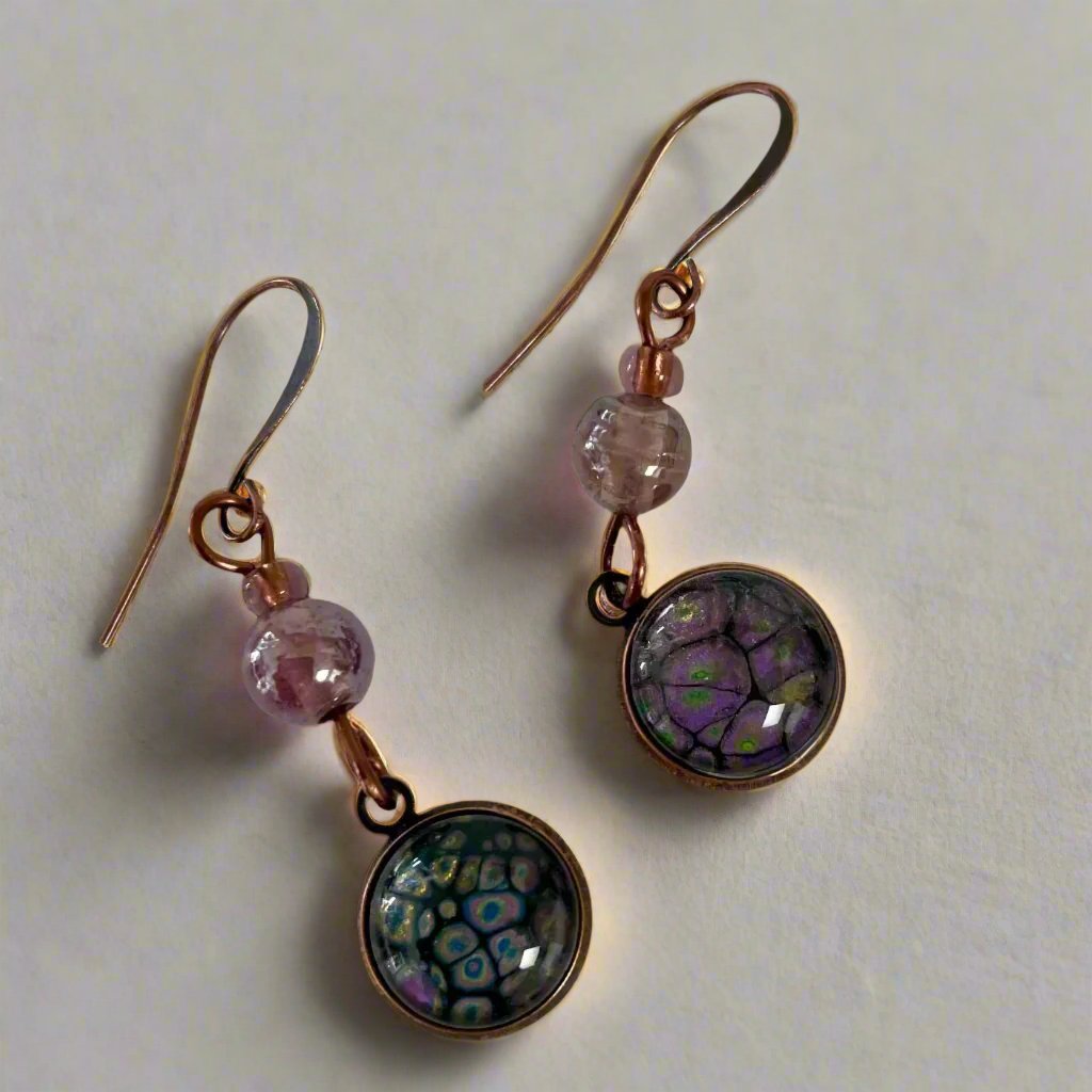 Linda Campbell - Earrings - Small disc with pink beads on copper wire - Linda Campbell - Jewellery - McMillan Arts Centre & MAC Box Office