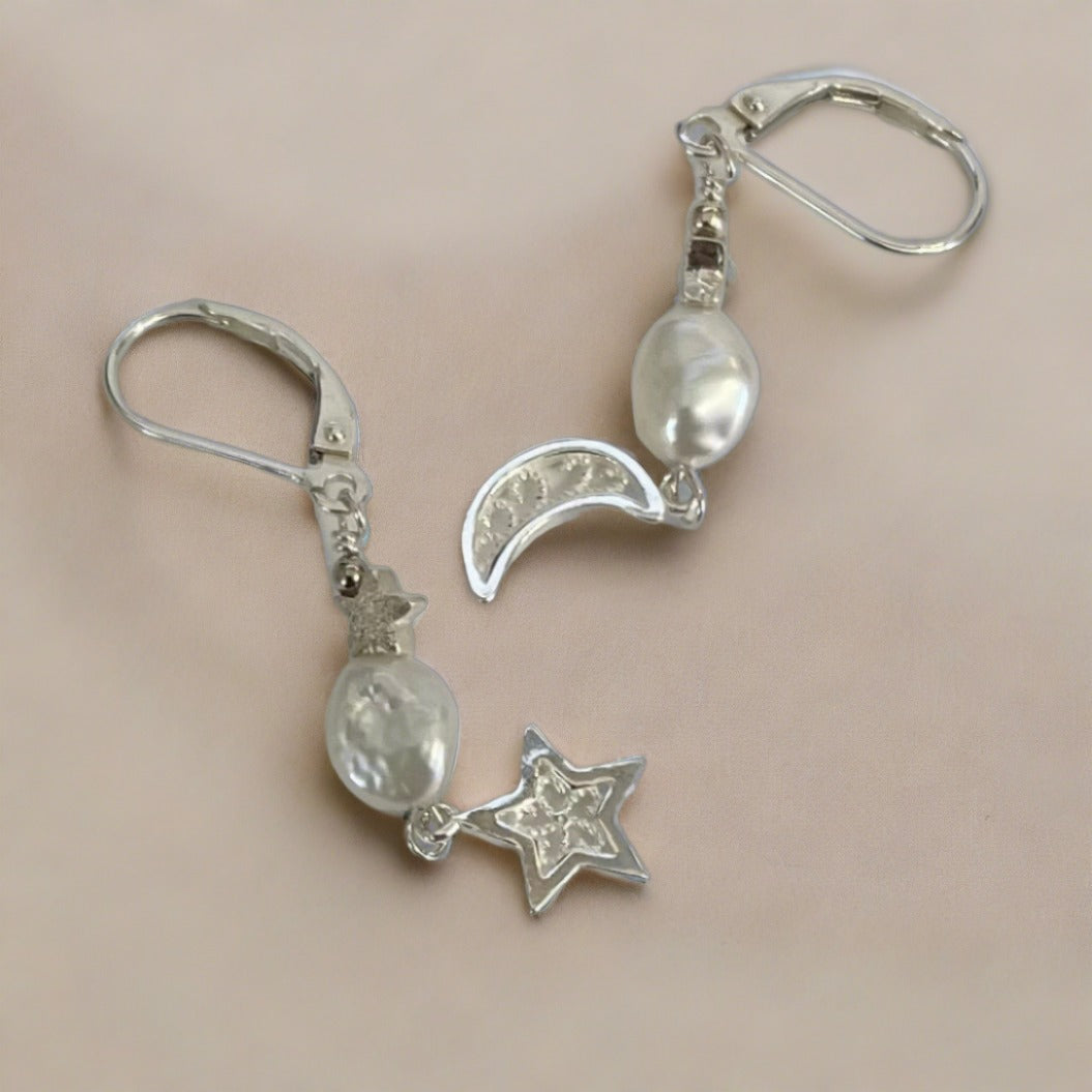 Julie Hawes - Earrings - Sterling silver moon & star with freshwater pearls - Julie Hawes - McMillan Arts Centre Gallery, Gift Shop and Box Office - Vancouver Island Art Gallery