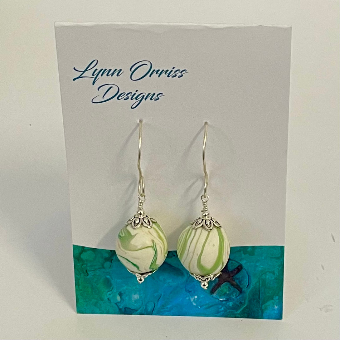 Lynn Orriss  - Earrings - Green  & cream swirl  - medium ball - Lynn Orriss - McMillan Arts Centre Gallery, Gift Shop and Box Office - Vancouver Island Art Gallery