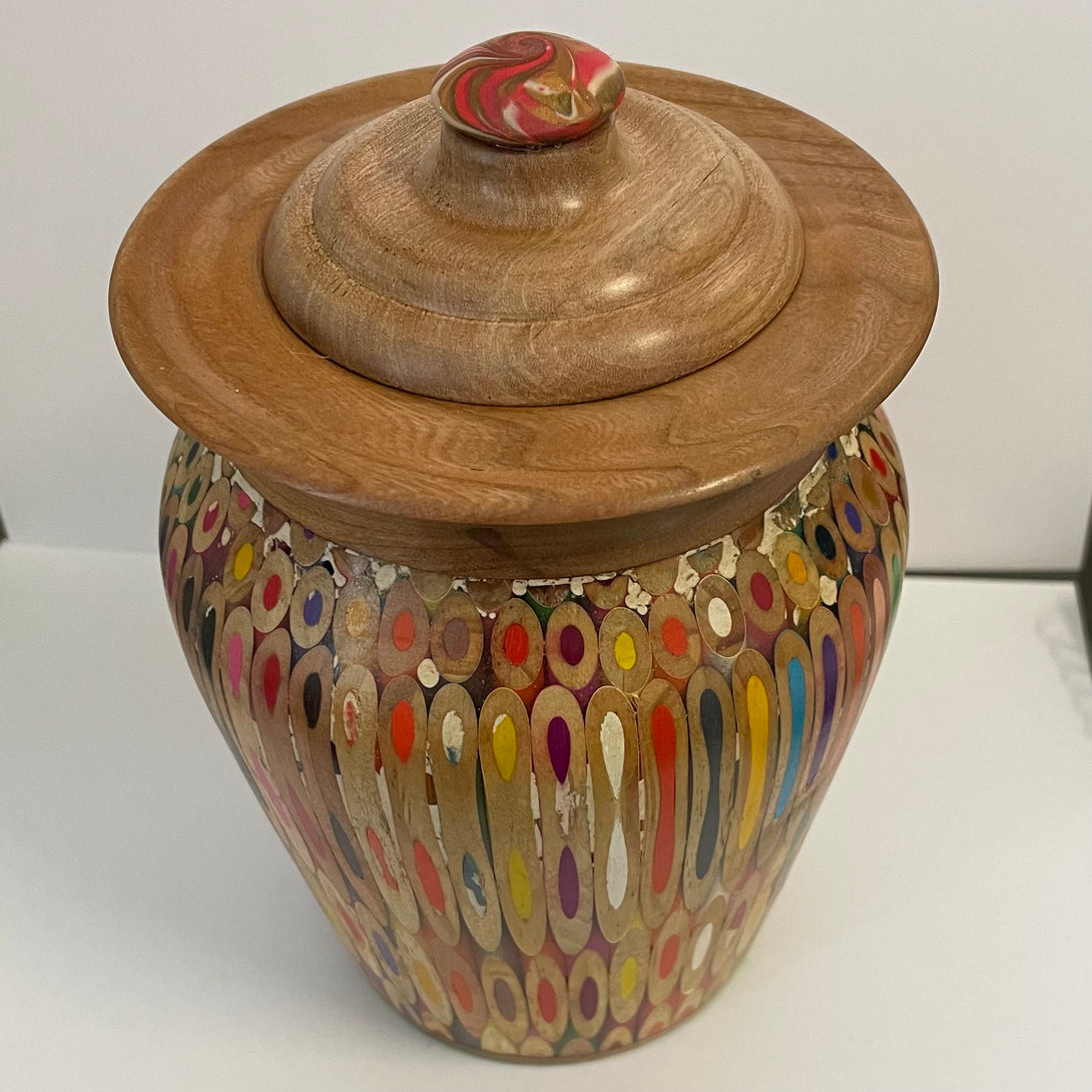 Gordon Grenon - Wood - Lidded Urn made of Resin & Coloured penscils - 4 1/2