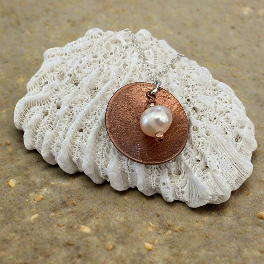 Laurie A. McDonald - Pendant - Oval dish with pearl  - Copper on sterling silver chain - Laurie McDonald - McMillan Arts Centre Gallery, Gift Shop and Box Office - Vancouver Island Art Gallery