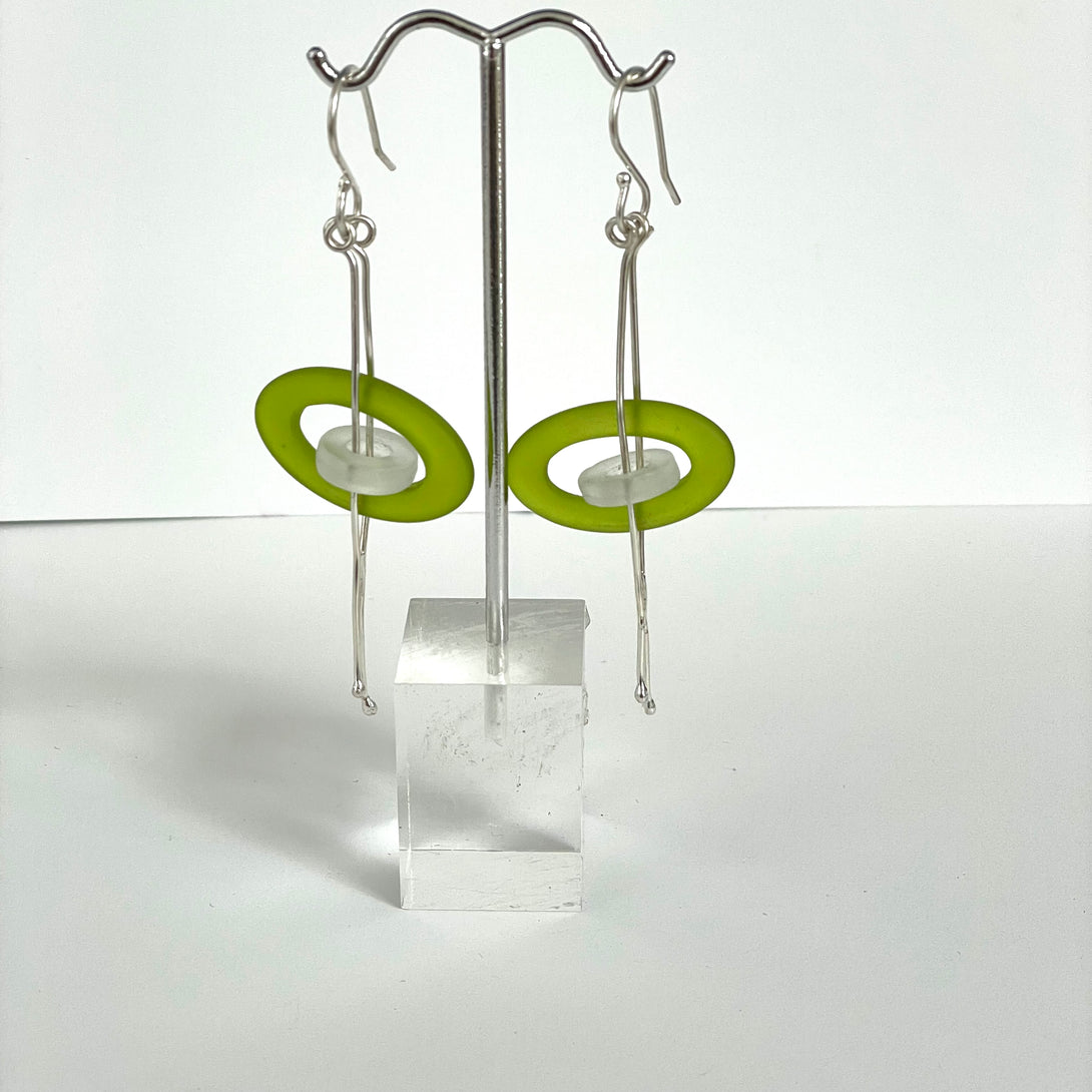 Karen Schmidt Humiski - Earrings - Sterling Silver - green & white recycled glass - Karen Schmidt Humiski - McMillan Arts Centre Gallery, Gift Shop and Box Office - Vancouver Island Art Gallery