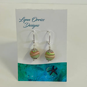 Lynn Orriss  - Earrings - Green  & orange swirl  -small ball - Lynn Orriss - McMillan Arts Centre Gallery, Gift Shop and Box Office - Vancouver Island Art Gallery