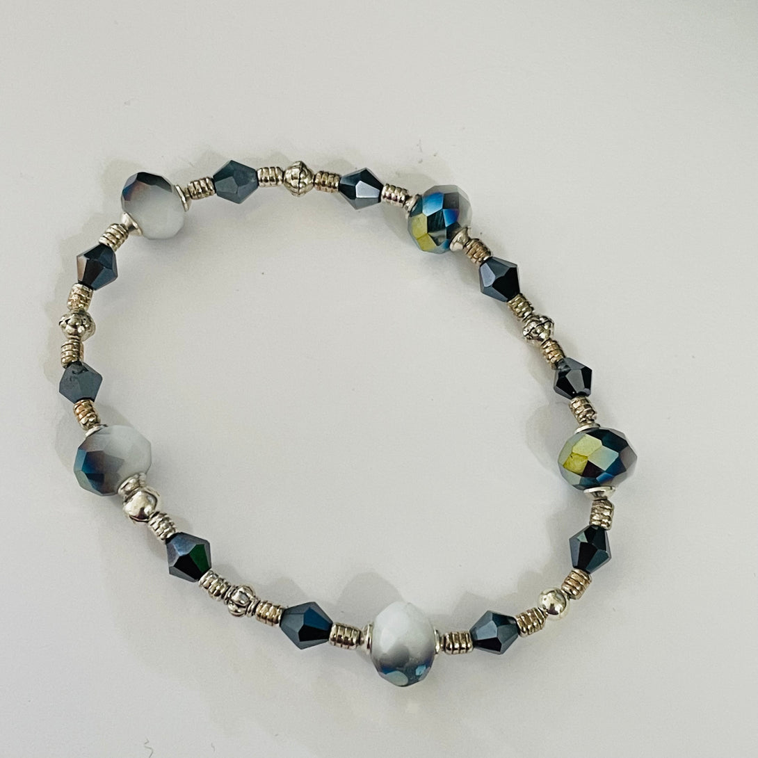 Lynn Orriss - Bracelet - Blue & White Crystal with hematite - Lynn Orriss - McMillan Arts Centre Gallery, Gift Shop and Box Office - Vancouver Island Art Gallery