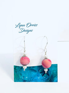 Lynn Orriss  - Earrings - Pink with pearls - medium ball -  hook - Lynn Orriss - Jewellery - McMillan Arts Centre & MAC Box Office