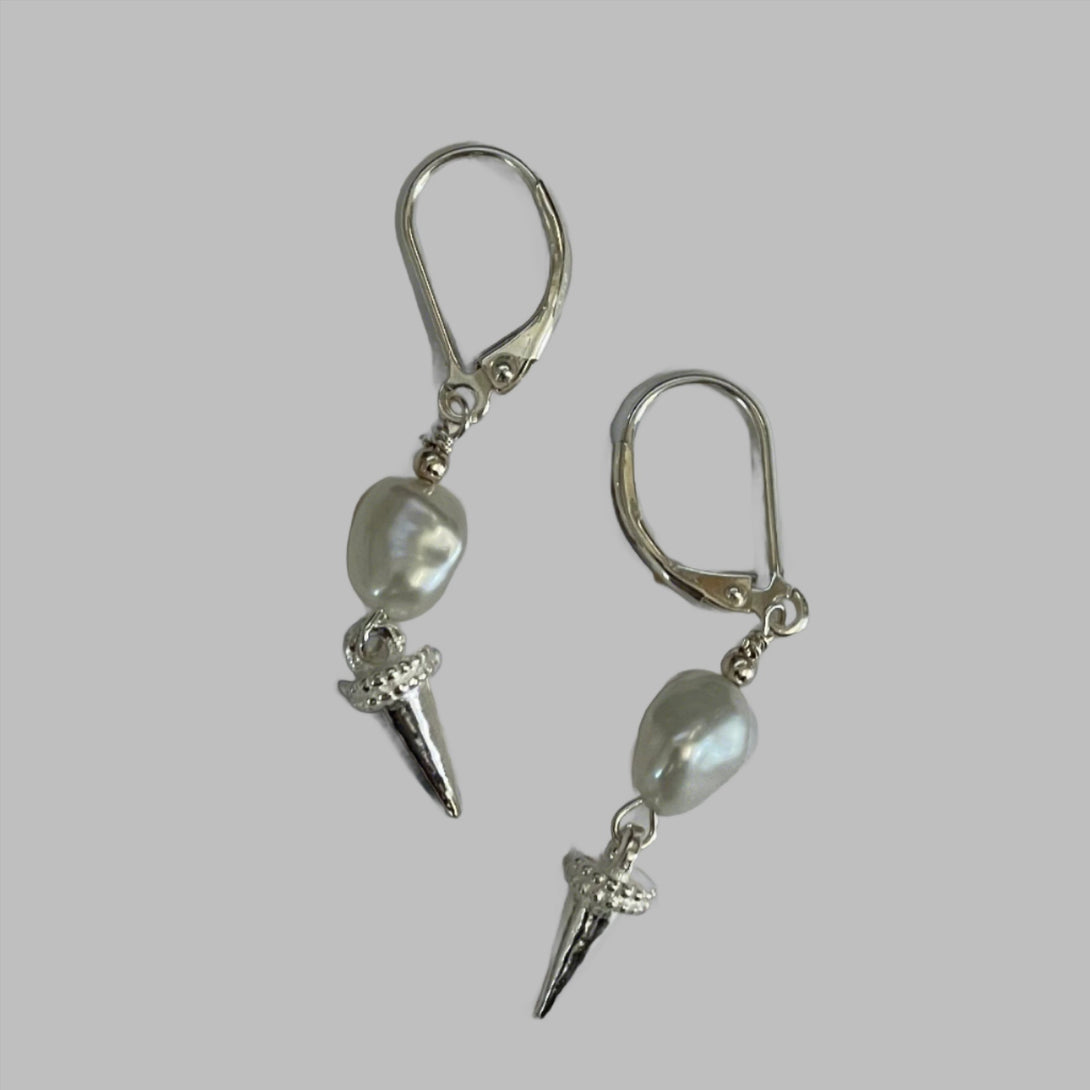 Julie Hawes - Earrings - Sterling silver cone with freshwater pearl - Julie Hawes - McMillan Arts Centre Gallery, Gift Shop and Box Office - Vancouver Island Art Gallery