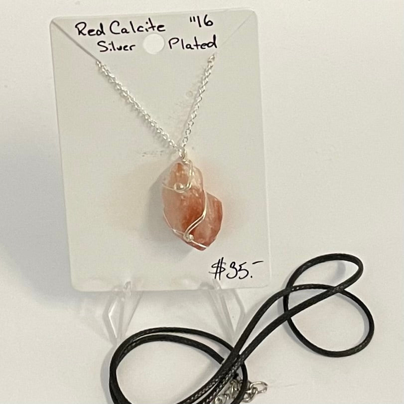 Quicksilver Creations -Pendant - Red Calcite, silver plated wrap with 16