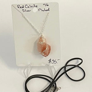 Quicksilver Creations -Pendant - Red Calcite, silver plated wrap with 16" chain  & 20" black cord