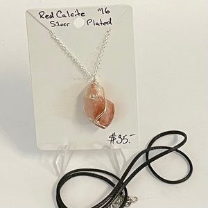 Quicksilver Creations -Pendant - Red Calcite, silver plated wrap with 16" chain  & 20" black cord - Quicksilver Creations - Jewellery - McMillan Arts Centre & MAC Box Office