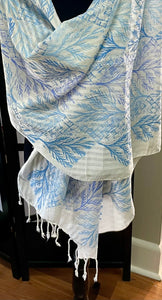 Margie Davidson - Scarf -Block cedar print in blues on white cotton - Margie Davidson - McMillan Arts Centre Gallery, Gift Shop and Box Office - Vancouver Island Art Gallery