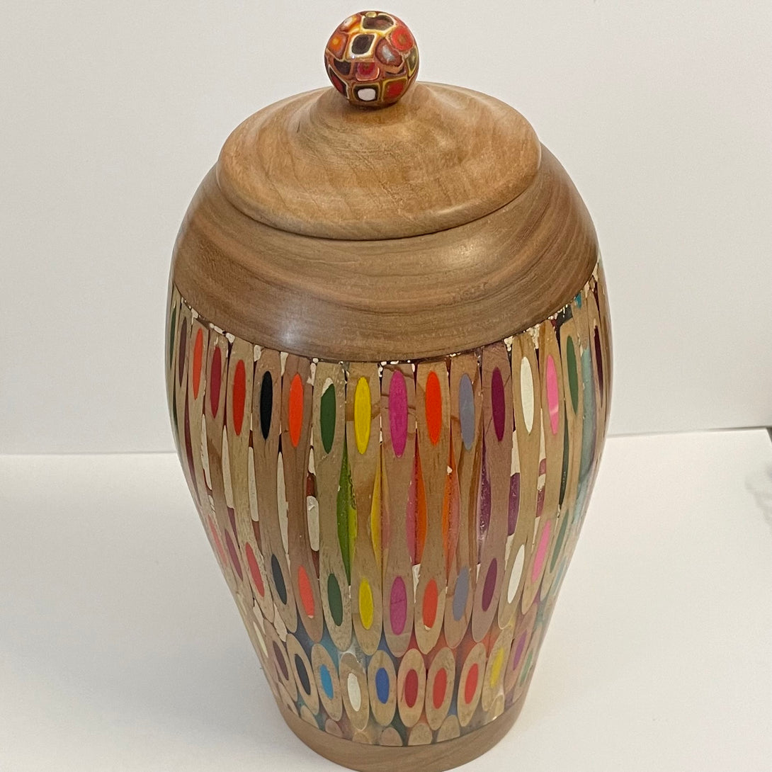 Gordon Grenon - Wood - Lidded Urn made of Resin & Coloured penscils - 4 1/2