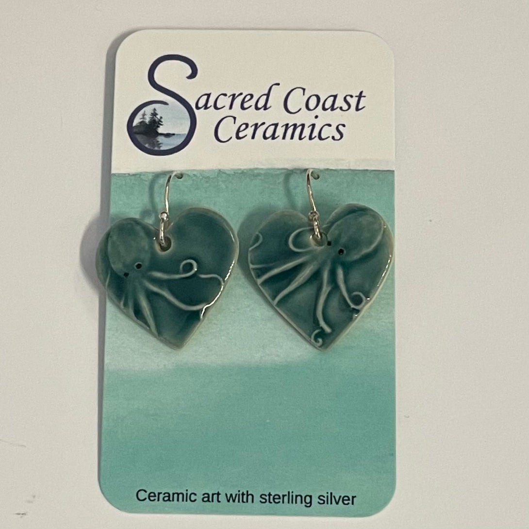 Sacred Coast Ceramics - Earrings - Octopus, large heart shape - Stephanie Bergman - Sacred Coast Ceramics - McMillan Arts Centre Gallery, Gift Shop and Box Office - Vancouver Island Art Gallery